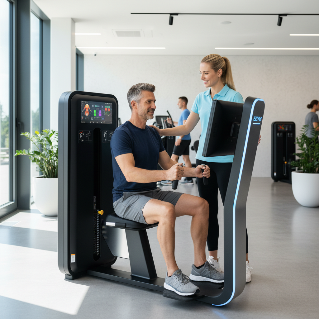 Een fysiotherapeut geeft begeleiding aan een man die traint op een EGYM-krachttoestel in de Fit Square sportschool in Almere.